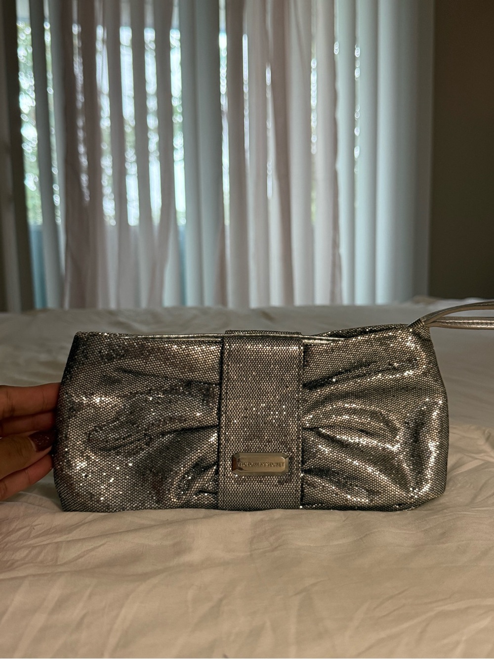 Victoria's Secret Metallic Glittered Silver Bow Clutch Wristlet